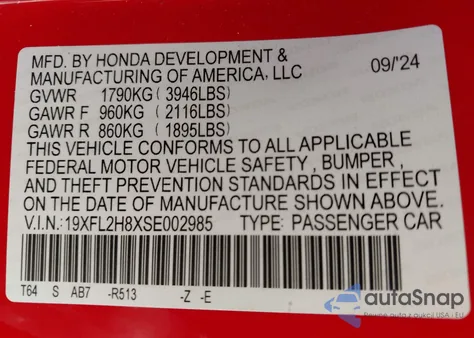 2025 Honda Civic Sport из США, поврежденный, VIN 19XFL2H8XSE002985